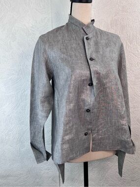 Shirin Guild Silver-Gray 100% Linen Mandarin Collar Shirt Size Small